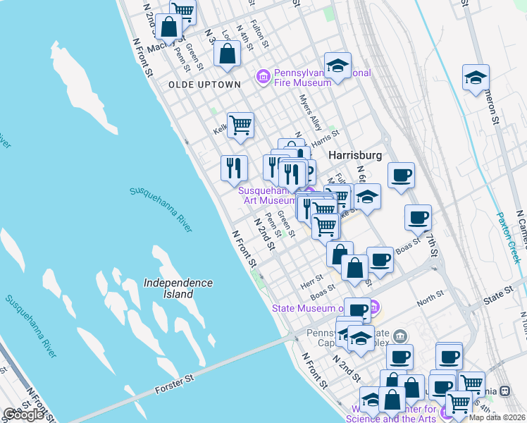 map of restaurants, bars, coffee shops, grocery stores, and more near 1500 North 2nd Street in Harrisburg
