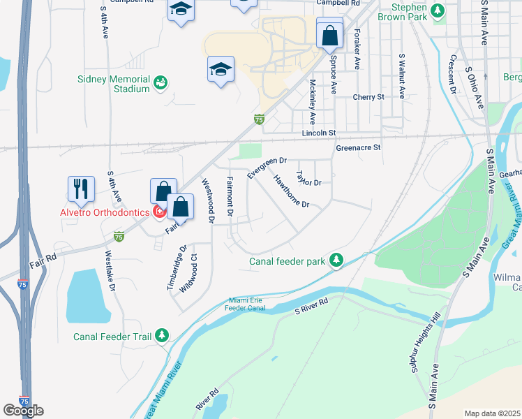 map of restaurants, bars, coffee shops, grocery stores, and more near 1101-1199 Colonial Dr in Sidney