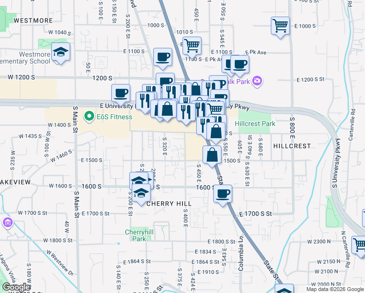 map of restaurants, bars, coffee shops, grocery stores, and more near 373 1450 South in Orem