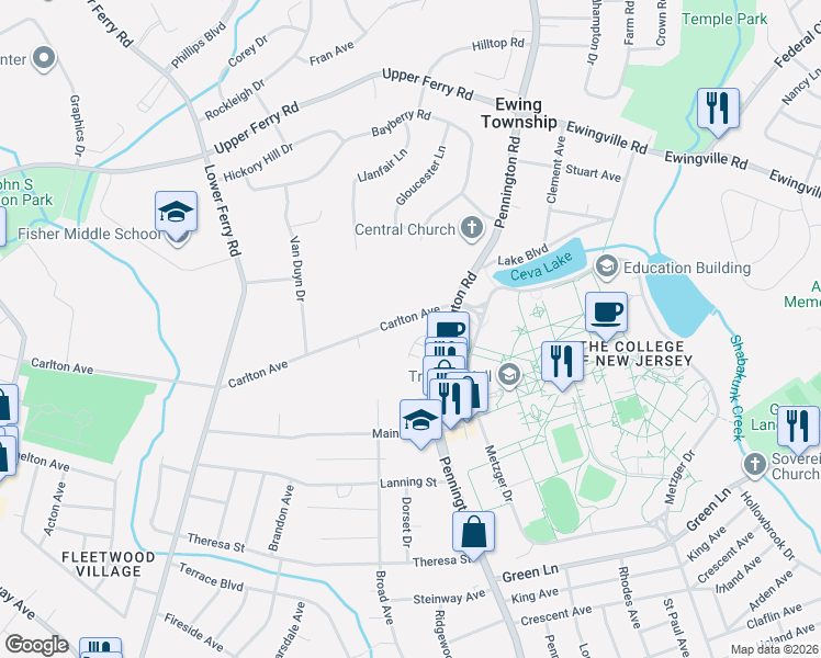 map of restaurants, bars, coffee shops, grocery stores, and more near 29 Carlton Avenue in Ewing Township