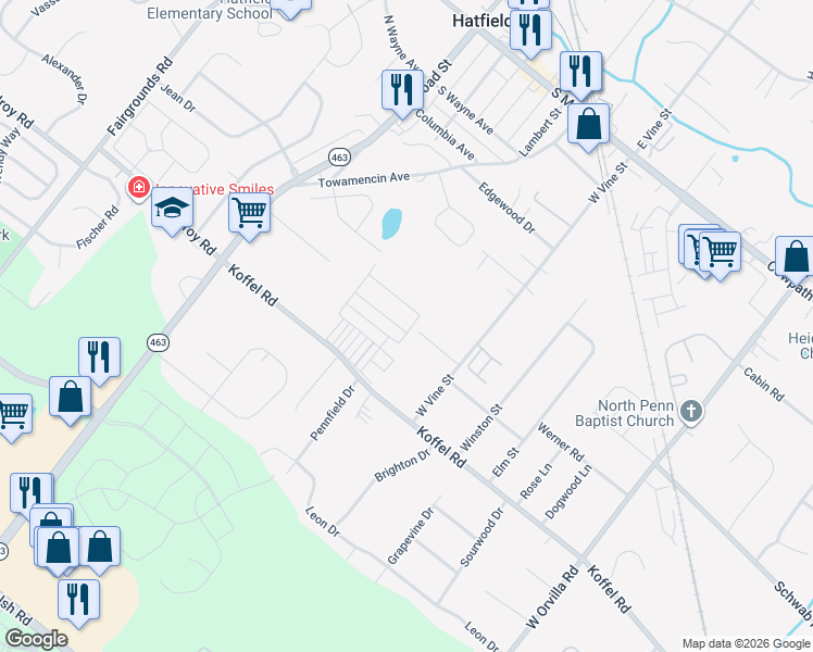 map of restaurants, bars, coffee shops, grocery stores, and more near 105 Willow Drive in Hatfield