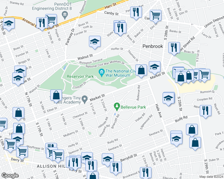 map of restaurants, bars, coffee shops, grocery stores, and more near 2300 Market Street in Harrisburg