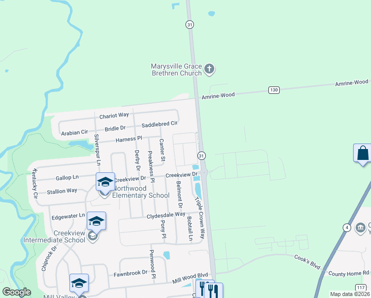 map of restaurants, bars, coffee shops, grocery stores, and more near 2485 McClouds Square in Marysville