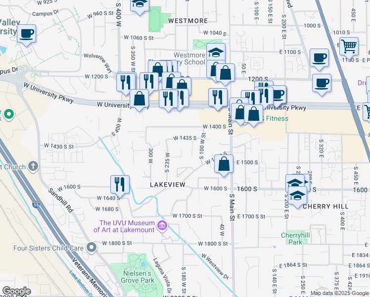 map of restaurants, bars, coffee shops, grocery stores, and more near 1455 South 185 West Street in Orem