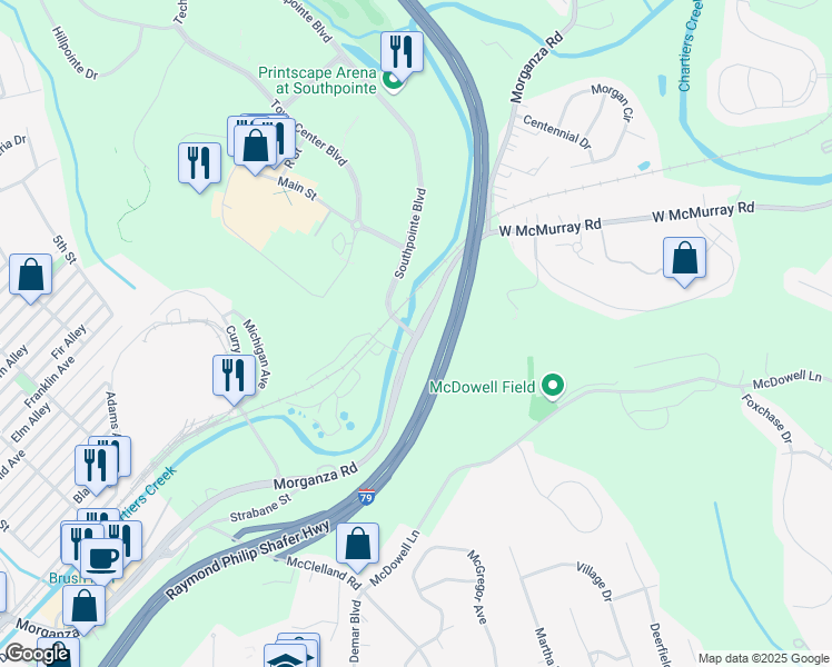 map of restaurants, bars, coffee shops, grocery stores, and more near 2 Southpointe Boulevard in Canonsburg