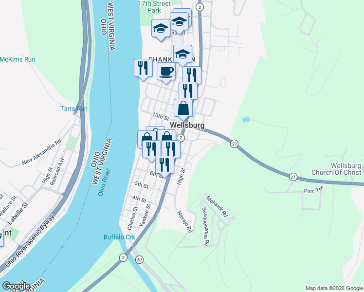 map of restaurants, bars, coffee shops, grocery stores, and more near 820 Commerce Street in Wellsburg