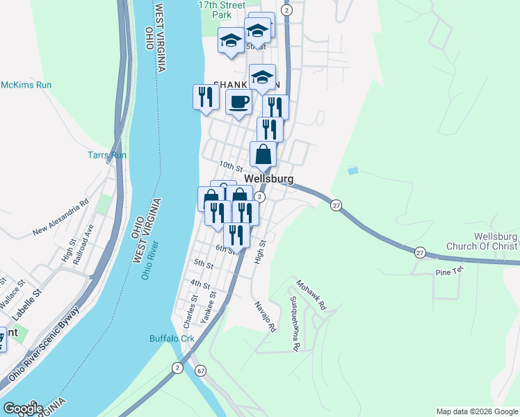 map of restaurants, bars, coffee shops, grocery stores, and more near 820 Commerce Street in Wellsburg
