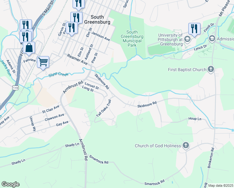 map of restaurants, bars, coffee shops, grocery stores, and more near 2407 Skidmore Rd in Greensburg