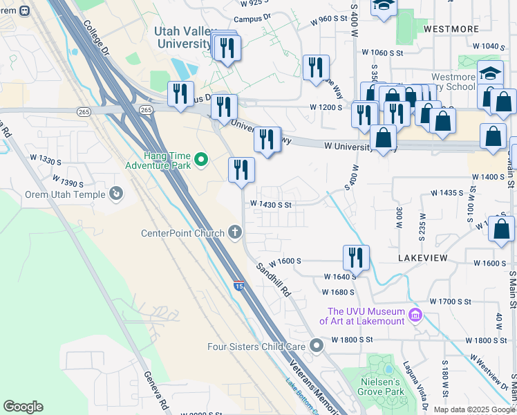 map of restaurants, bars, coffee shops, grocery stores, and more near 655 West 1430 South Street in Orem