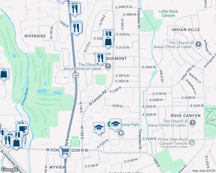 map of restaurants, bars, coffee shops, grocery stores, and more near 2774 North 370 East in Provo