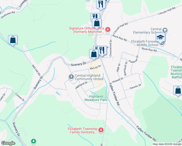map of restaurants, bars, coffee shops, grocery stores, and more near 105 Meadow Drive in Elizabeth