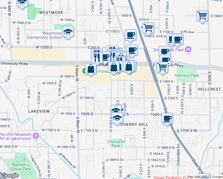 map of restaurants, bars, coffee shops, grocery stores, and more near 1450 200 East in Orem
