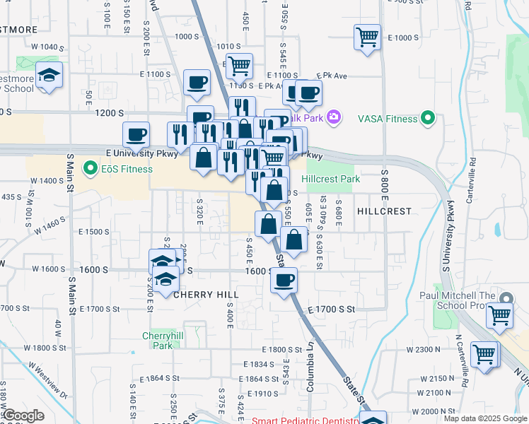 map of restaurants, bars, coffee shops, grocery stores, and more near 1448 State Street in Orem