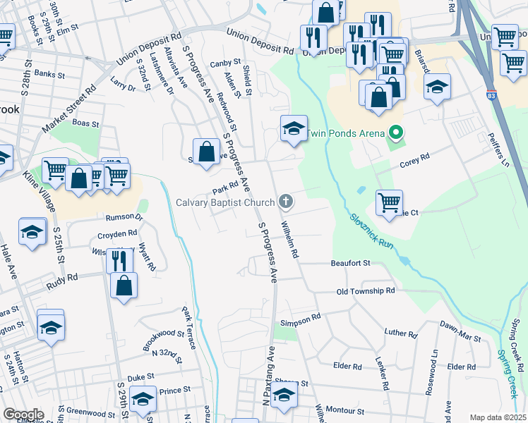 map of restaurants, bars, coffee shops, grocery stores, and more near 910 South Progress Avenue in Harrisburg