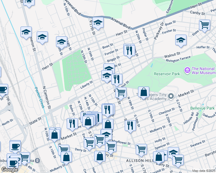 map of restaurants, bars, coffee shops, grocery stores, and more near 1613 Apricot St in Harrisburg