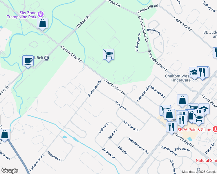 map of restaurants, bars, coffee shops, grocery stores, and more near 108 County Line Road in Lansdale
