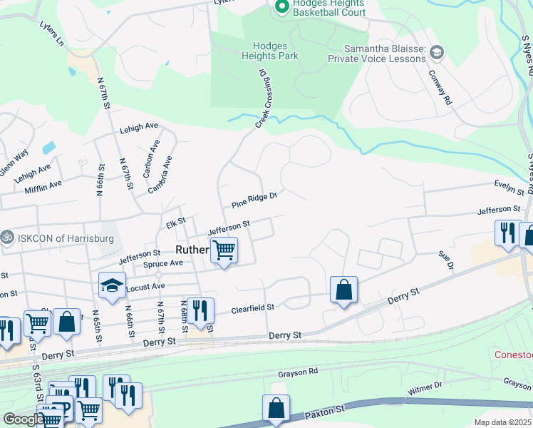map of restaurants, bars, coffee shops, grocery stores, and more near 7240 Jefferson Street in Harrisburg