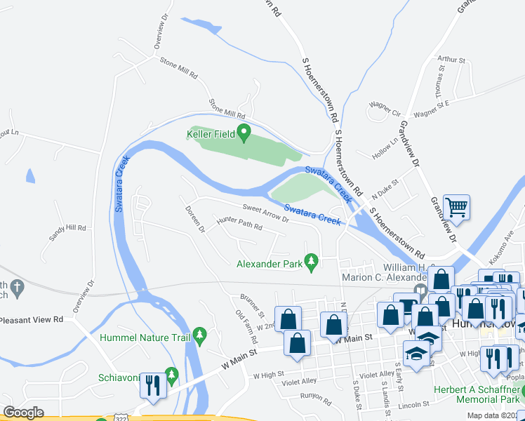 map of restaurants, bars, coffee shops, grocery stores, and more near 46 Sweet Arrow Drive in Hummelstown
