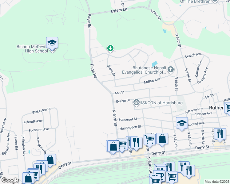map of restaurants, bars, coffee shops, grocery stores, and more near 6100 Ann Street in Harrisburg