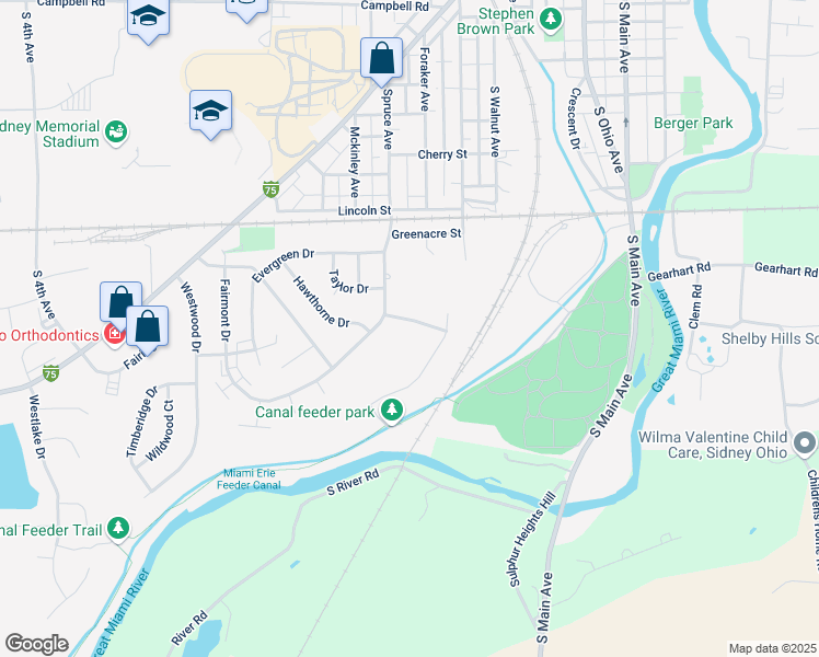 map of restaurants, bars, coffee shops, grocery stores, and more near 657 Ridgeway Drive in Sidney