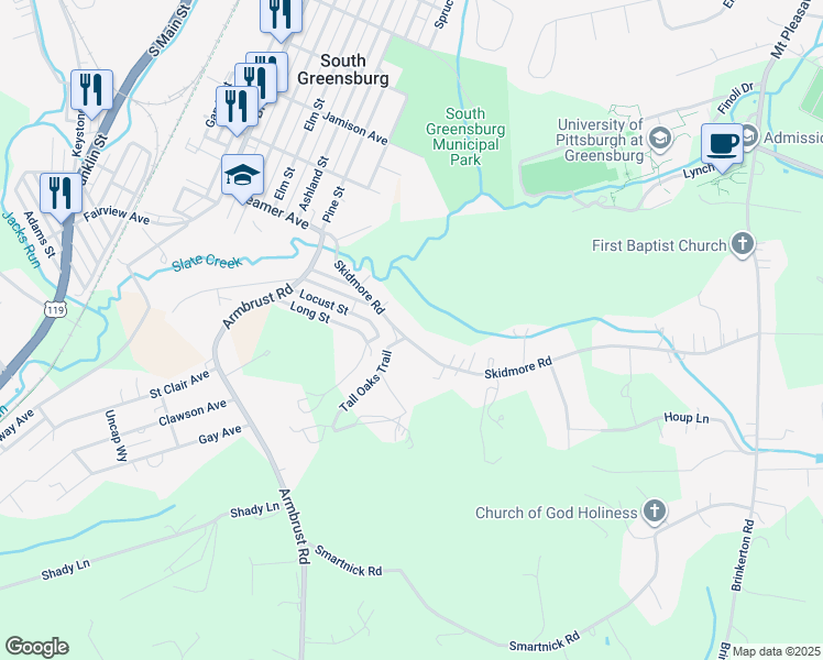 map of restaurants, bars, coffee shops, grocery stores, and more near 2407 Skidmore Road in Greensburg