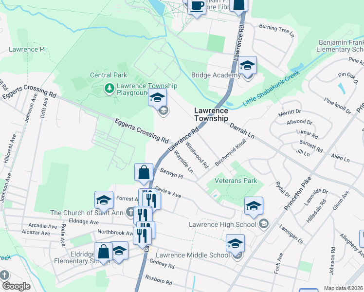 map of restaurants, bars, coffee shops, grocery stores, and more near 1610 Lawrenceville Road in Lawrence Township