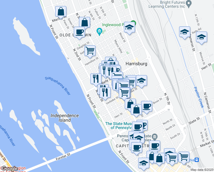 map of restaurants, bars, coffee shops, grocery stores, and more near 1417 Green Street in Harrisburg