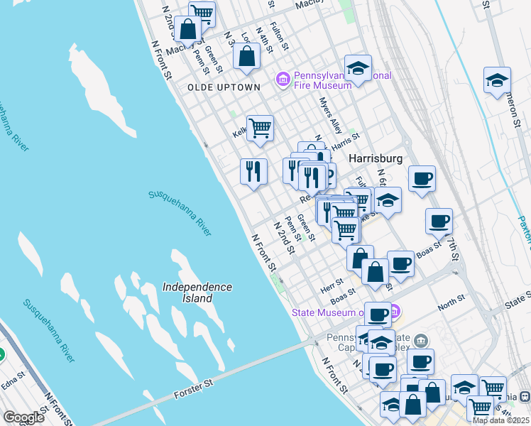 map of restaurants, bars, coffee shops, grocery stores, and more near 1500 North 2nd Street in Harrisburg