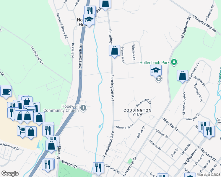 map of restaurants, bars, coffee shops, grocery stores, and more near 1199 Farmington Avenue in Pottstown