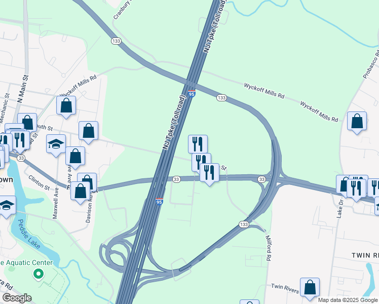 map of restaurants, bars, coffee shops, grocery stores, and more near 399 Monmouth Street in East Windsor