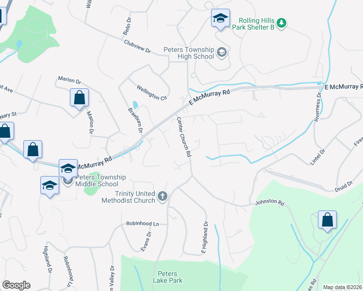 map of restaurants, bars, coffee shops, grocery stores, and more near 422 Center Church Road in McMurray
