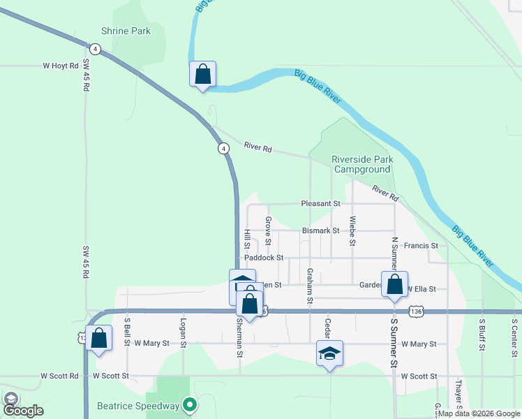 map of restaurants, bars, coffee shops, grocery stores, and more near 423 Grove Street in Beatrice
