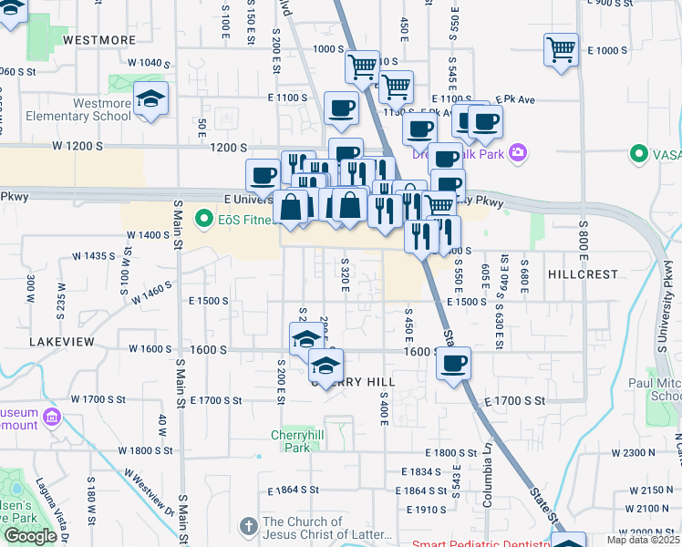 map of restaurants, bars, coffee shops, grocery stores, and more near 1457 320 East in Orem
