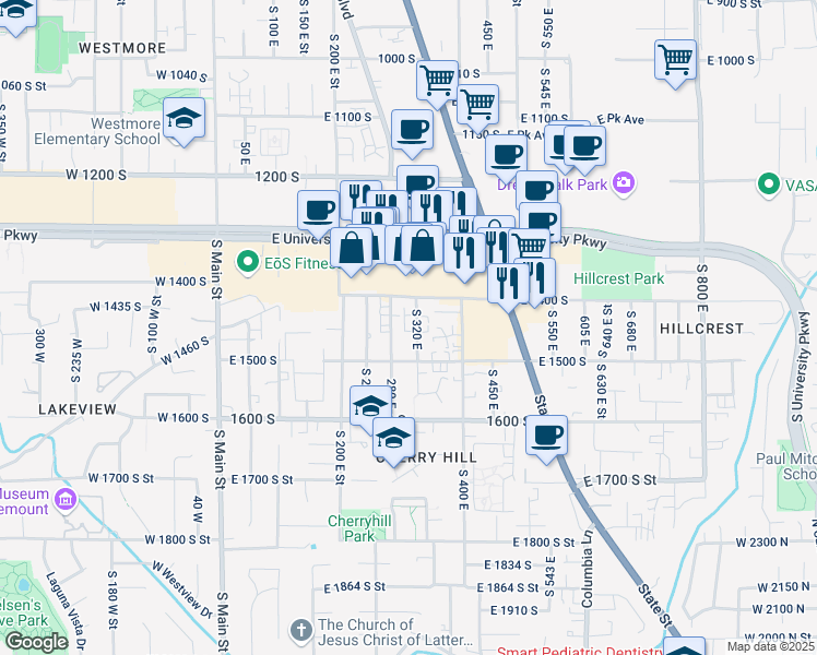 map of restaurants, bars, coffee shops, grocery stores, and more near 1457 320 East in Orem
