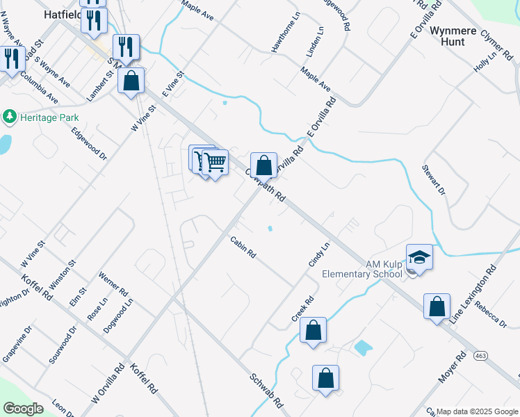 map of restaurants, bars, coffee shops, grocery stores, and more near 1513 West Orvilla Road in Hatfield