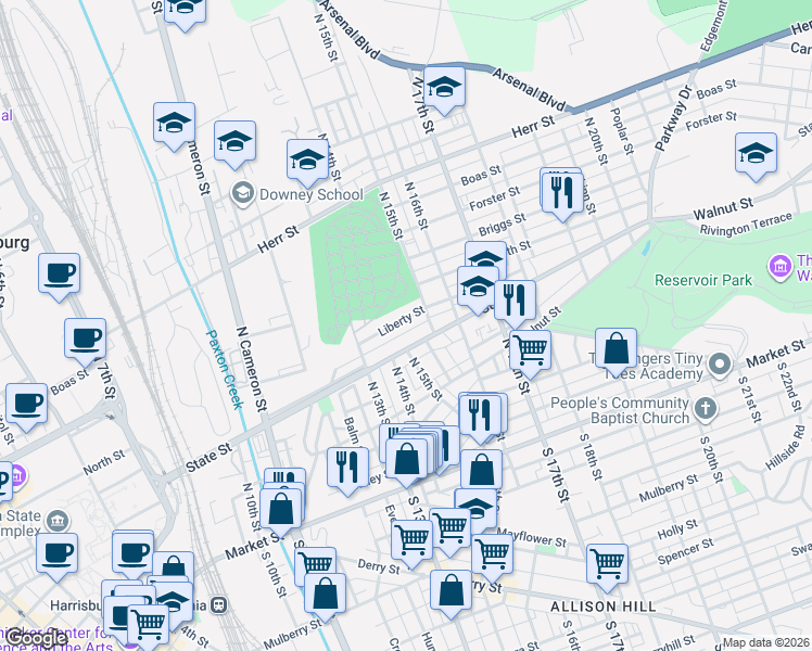 map of restaurants, bars, coffee shops, grocery stores, and more near 1355 Liberty Street in Harrisburg