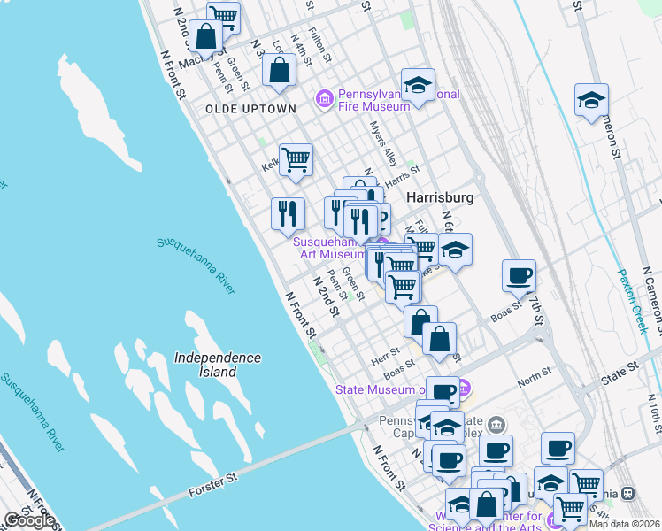 map of restaurants, bars, coffee shops, grocery stores, and more near 1416 Green Street in Harrisburg