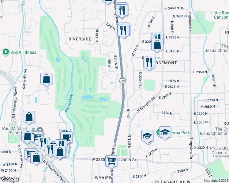 map of restaurants, bars, coffee shops, grocery stores, and more near 90 West Marrcrest South in Provo