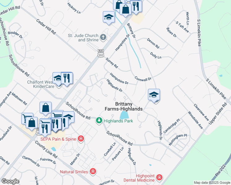 map of restaurants, bars, coffee shops, grocery stores, and more near 112 Palace Ct in Chalfont