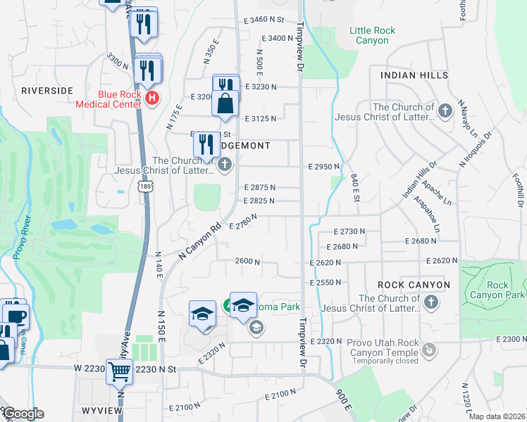map of restaurants, bars, coffee shops, grocery stores, and more near 525 East 2780 North in Provo