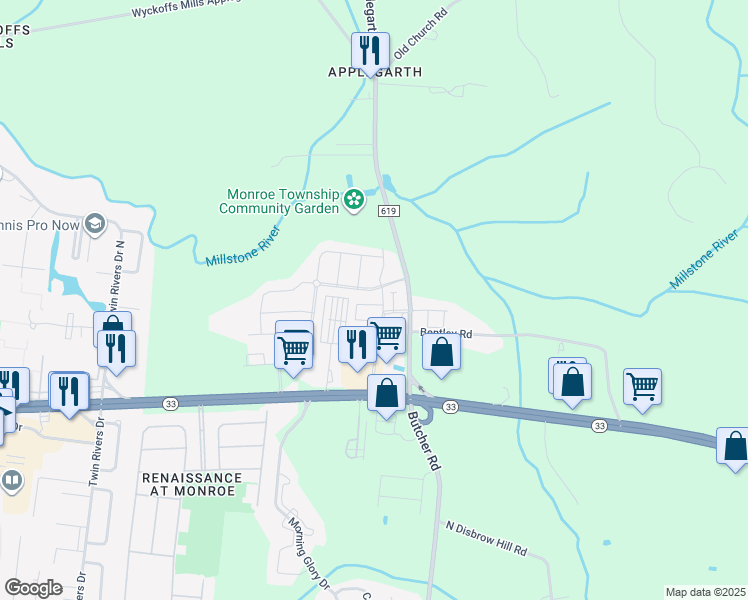 map of restaurants, bars, coffee shops, grocery stores, and more near 1004 Hights Farm Road North in Monroe Township