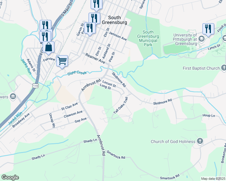 map of restaurants, bars, coffee shops, grocery stores, and more near 2326 Long Street in Greensburg