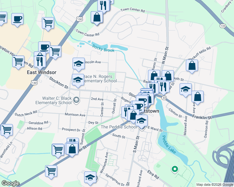 map of restaurants, bars, coffee shops, grocery stores, and more near 213 Rogers Avenue in Hightstown
