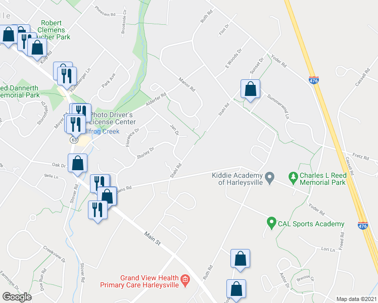map of restaurants, bars, coffee shops, grocery stores, and more near 255 Stahl Road in Harleysville