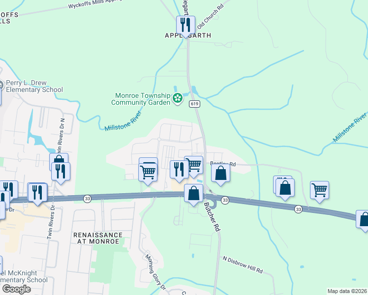 map of restaurants, bars, coffee shops, grocery stores, and more near 1106 Hights Farm Road North in Monroe Township