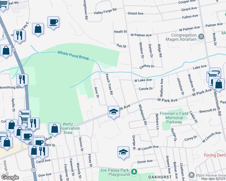 map of restaurants, bars, coffee shops, grocery stores, and more near 21 Peach Tree Road in Ocean Township