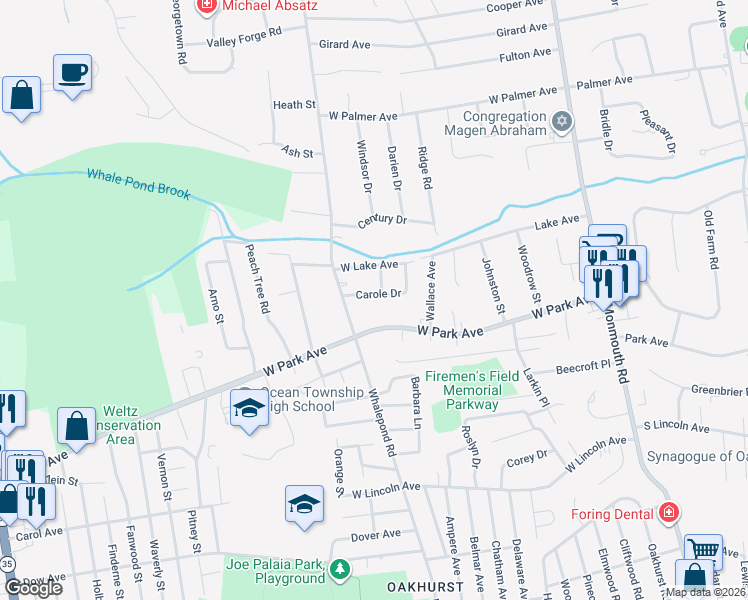 map of restaurants, bars, coffee shops, grocery stores, and more near 45 Whalepond Road in Monmouth County