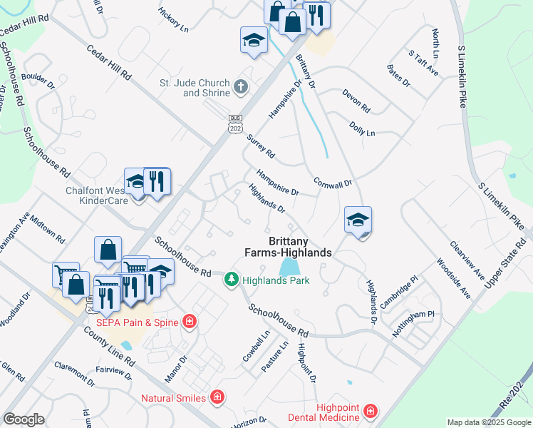 map of restaurants, bars, coffee shops, grocery stores, and more near 112 Palace Ct in Chalfont