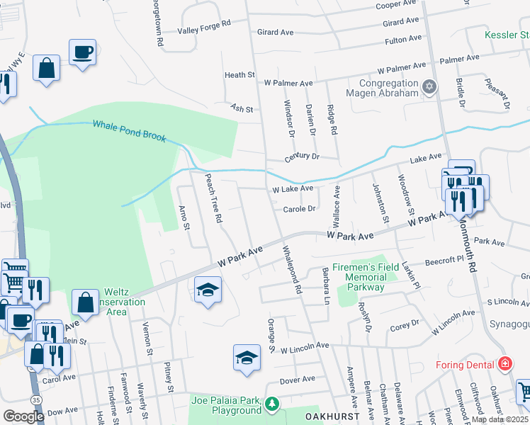 map of restaurants, bars, coffee shops, grocery stores, and more near 42 Whalepond Road in Monmouth County
