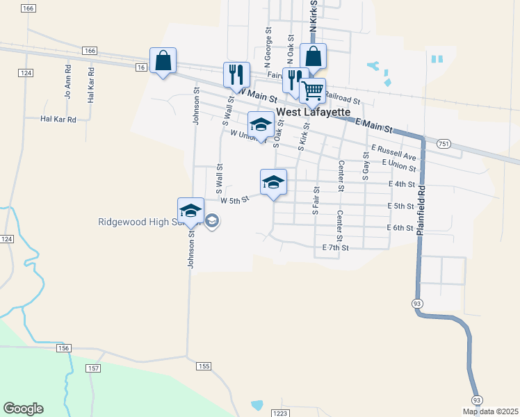 map of restaurants, bars, coffee shops, grocery stores, and more near 517 South Oak Street in West Lafayette